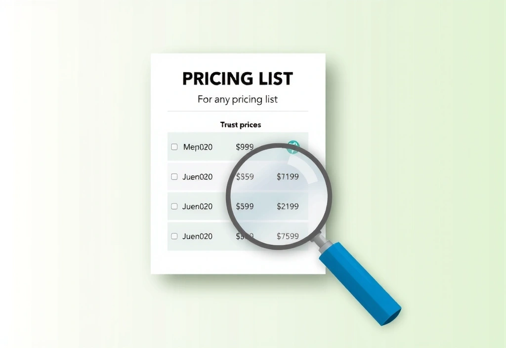 Ilustrace transparentního ceníku s lupou a cenovkami