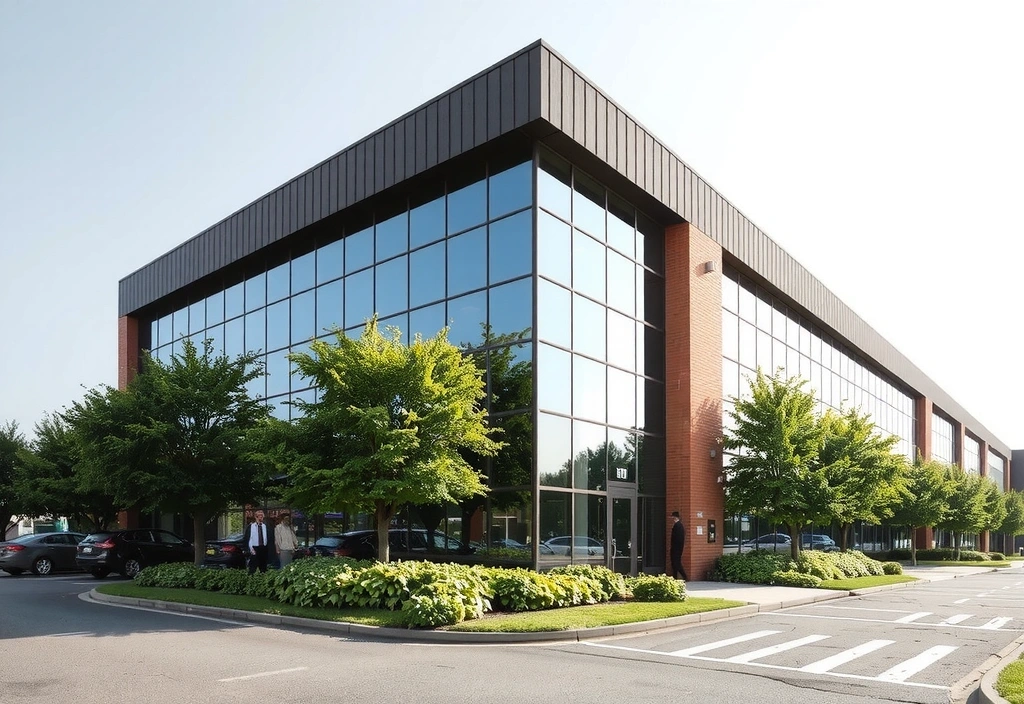 Moderní, čistá kancelářská budova s prosklenou fasádou a zelení kolem. Slunečný den, bez lidí.