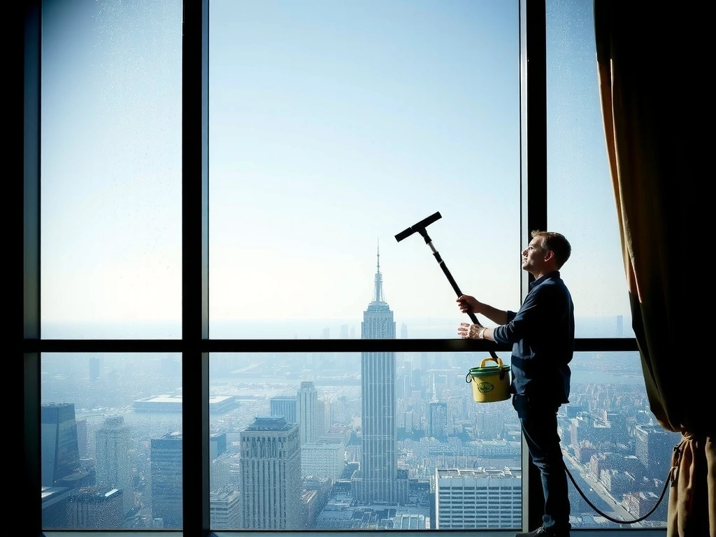 Osoba čistící velké okno s profesionálním vybavením